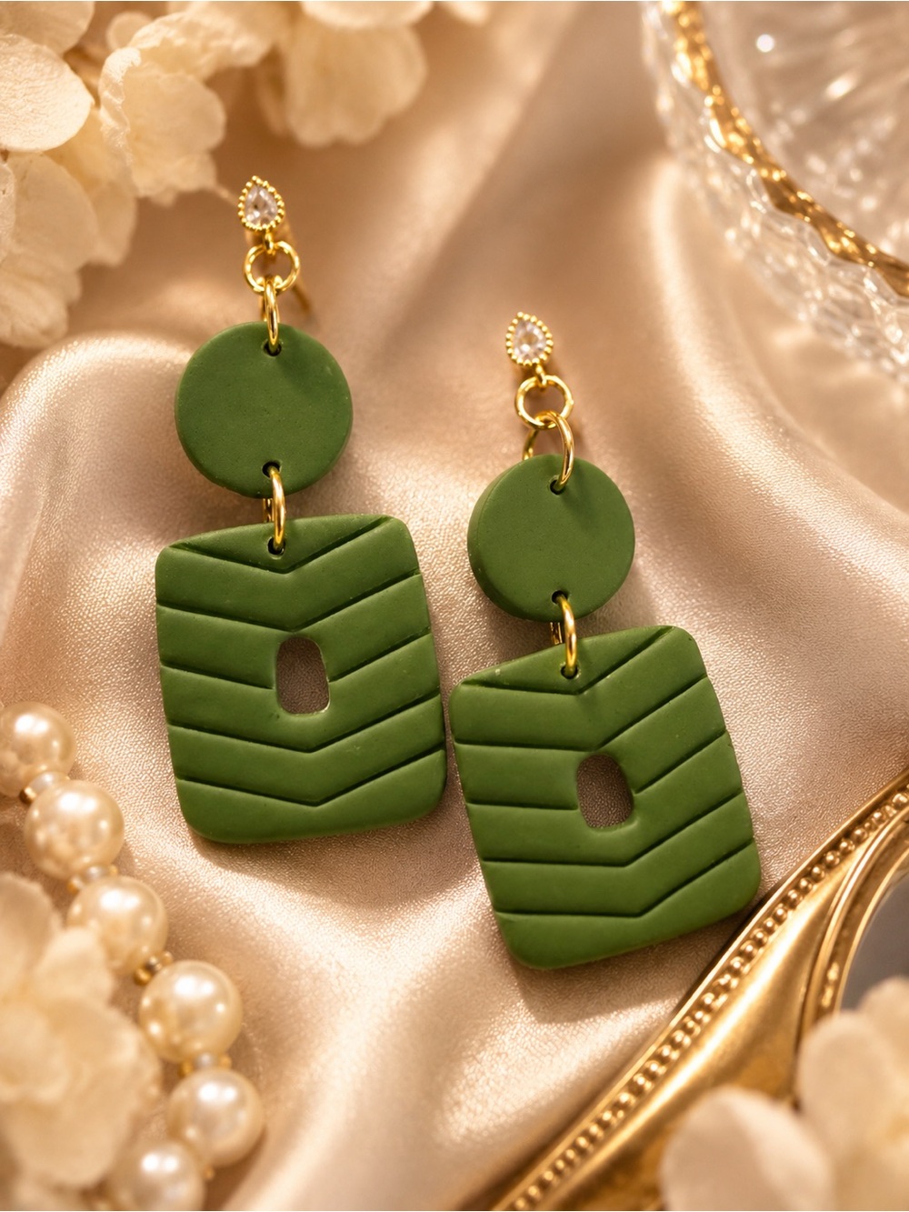 Green Statement Dangle Handmade Polymer Clay Earrings